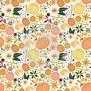 Floral halloween seamless pattern.Colorful vector background with pumpkins