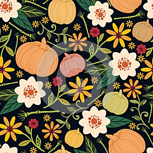 Floral halloween seamless pattern.Colorful vector background with pumpkins