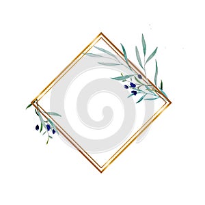 Floral hand drawing illustration. Boho greeting card template with watercolor green branch frame on white background and golden