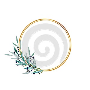 Floral hand drawing illustration. Boho greeting card template with watercolor green branch frame on white background and golden