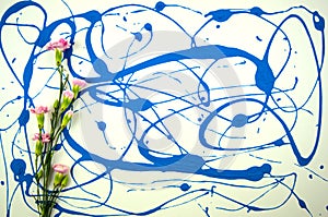 Floral on hand drawn abstract original painting, handmade artwork. Top view of pink flowers, botany flat lay on light blue acrylic