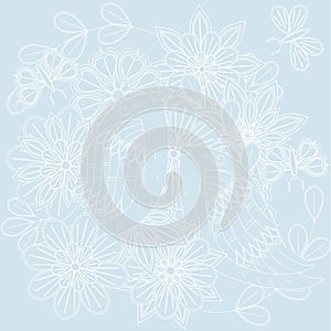 Floral hand drawn blue background, stylized birds