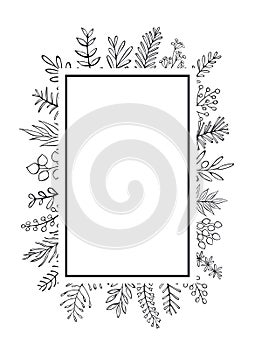 Floral hand drawn farmhouse style outlined twigs branches frame border background