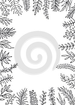 Floral hand drawn outlined twigs branches sides frame border