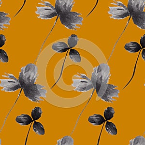 Floral hand drawn seamless pattern with black clovers on yellow background. Vintage style. Good for textile, wrapping