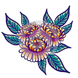 Floral hand drawn vintage flowers. Fabulous orange-purple flowers and green leaves on a white background. Tropical