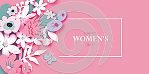Floral Happy Womens Day. 8 March. Trendy Mothers Day. Paper cut Flowers. Origami Flowers. Spring blossom on pink. Heart