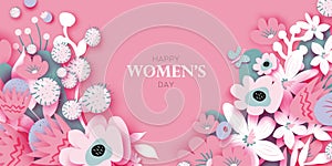 Floral Happy Womens Day. 8 March. Trendy Mothers Day. Paper cut Flowers. Origami Flowers. Spring blossom on pink. Heart