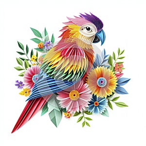 Floral Harmony: Kirigami Parrot Sings Amidst Colorful Blooms, White Isolation for Visual Purity