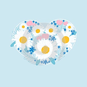 Floral heart with daisy, tulips and leaves on blue backgroud, design template for giftcards or invitations for wedding photo