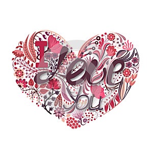 Floral heart. Hand drawn creative flower. Greeting background on Valentine`s Day. Feast of love. Holiday