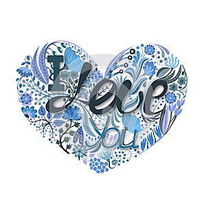 Floral heart. Hand drawn creative flower. Greeting background on Valentine`s Day. Feast of love. Holiday