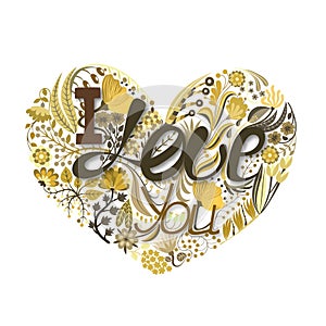 Floral heart. Hand drawn creative flower. Greeting background on Valentine`s Day. Feast of love. Holiday