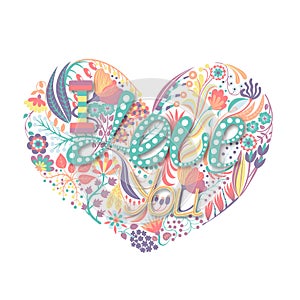 Floral heart. Hand drawn creative flower. Greeting background on Valentine`s Day.
