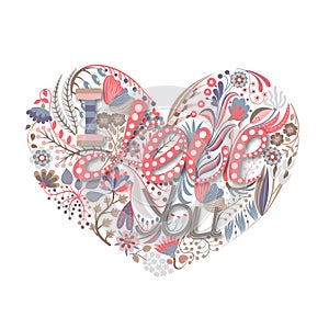 Floral heart. Hand drawn creative flower. Greeting background on Valentine`s Day.