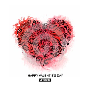 Floral heart made of flowers. Valentines day card. Vector illustration. Abstract Background with Watercolor Stains,