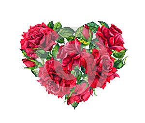 Floral heart with red rose flowers. Watercolor for Valentine day