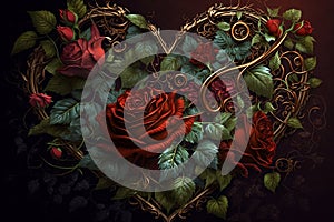 Floral heart of red roses and dark green leaves. Modern drawn, image is generated with the use of an AI. Love concept, design