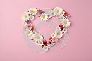 Floral heart of white daisy flowers, chamomiles bouquet. Beautiful blossom, pink paper background, copy space. Love concept,