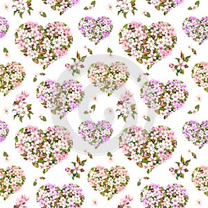 Floral hearts, apple and sakura flowers - cherry blossom . Seamless pattern for Valentine day. Vintage watercolor