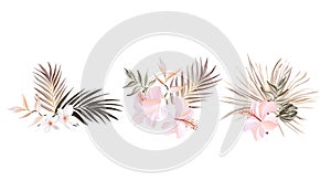 Floral hibiscus palm card vector design: wild garden exotic flower pink peach Rose white plumeria green pampas grass leaves ,