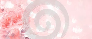 Floral holiday pink banner. Delicate pink roses in pink background with flying hearts. Copy space.