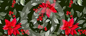 Floral, holly, winter berries in Christmas bouquet. Modern universal artistic templates. Corporate Holiday cards and