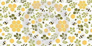 Floral honeycomb pattern. Green natural bee honey pattern Bee seamless pattern. Cute green leaves branches bee honeycomb