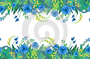 Floral horizontal background. blue and yellow wildflowers.