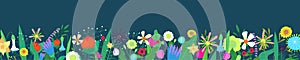 Floral horizontal banner on dark blue background. Spring wild blooming flowers border. Herbal plants decoration