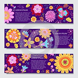 Floral horizontal banner vector templates in cartoon style