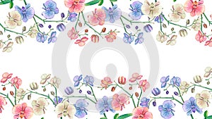 Floral horizontal border with tropical flowers, green leaves, orchid. Watercolor isolated pattern on a white background. Floral