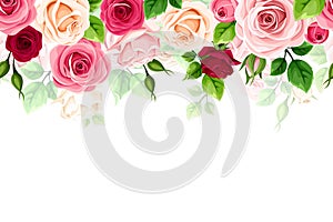 Floral horizontal seamless background with red, pink, and white roses. Vector horizontal seamless border