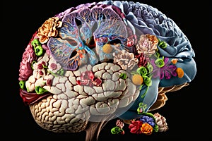 Floral human brain. Mental health concept, 3d model, illustration created with Generative AI technology. Flower design, plant and