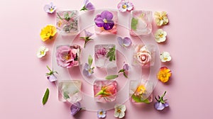 Floral Ice Blocks on Pink Background