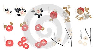 Floral icon in Asian style. Camilla and peony flower logo with Japanese pattern vector. Set of natural elements. photo