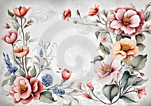 Floral illustration on light gray concrete grunge background. Flowers in the style of watercolor painting. Luxury floral elements