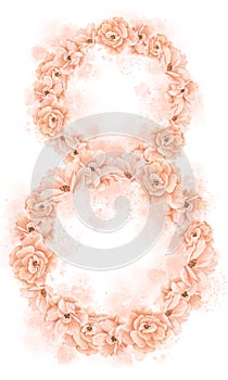 Floral illustration of number 8. Hand drawn watercolor drawing with Rose Flowers in pastel pink and beige colors for