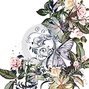 Floral illustration with roses, orange flowers and butterlfies