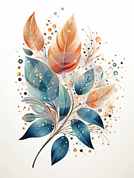Floral Illustration for simple and elegant design, wallpaper, greetings, cards. Vertical picture. Blue and orange