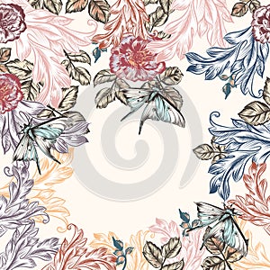 Floral illustration in vintage style with roses and butterlfies