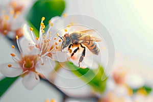 Floral interaction Honey bee gracefully lands on beautiful flower petal