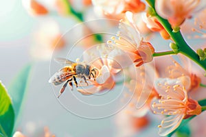 Floral interaction Honey bee gracefully lands on beautiful flower petal