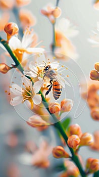 Floral interaction Honey bee gracefully lands on beautiful flower petal