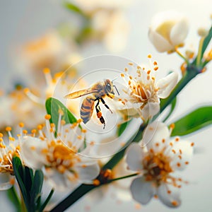 Floral interaction Honey bee gracefully lands on beautiful flower petal