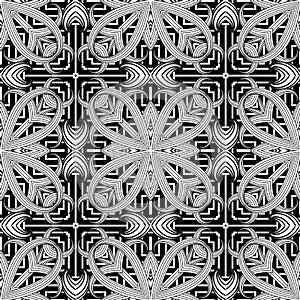 Floral intricate seamless pattern. Vector abstract black and white background. Line art tracery hand drawn flowers