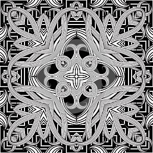 Floral intricate seamless pattern. Vector abstract black and white geometric background. Line art tracery hand drawn