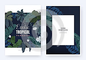 Floral invitation card template design, tropical plants and blue Nemophila flowers on dark blue