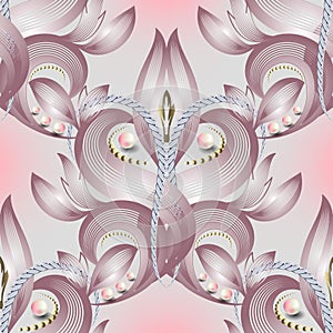 Floral jewelry 3d seamless pattern. Elegance ornamental flowery background in pink rose gold colors. 3d pearls gemstones. Hand