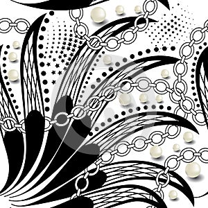 Floral jewelry seamless pattern. Vector ornamental black white background. Repeat decorative backdrop. Beautiful hand drawn